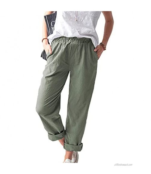 Akivide Womens Cotton Linen Pants Casual High Waist Straight Leg Trouser with Pockets
