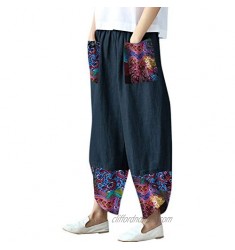 Flygo Women's Casual Linen Baggy Pant Elastic Waist Wide Leg Patchwork Harem Pants