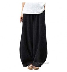 Hongsui Women's Casual Cotton Linen Baggy Pants with Elastic Waist Pleated Relax Fit Trousers