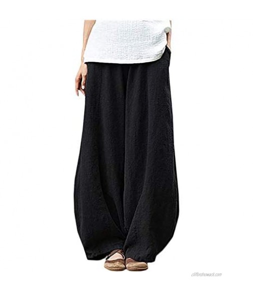 Hongsui Women's Casual Cotton Linen Baggy Pants with Elastic Waist Pleated Relax Fit Trousers