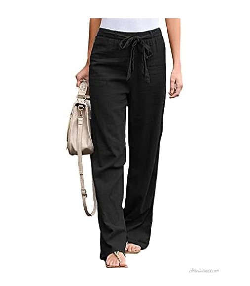 HYPOWELL Women's Cotton Linen Pants High Rise Drawstring Elastic Waist Casual Loose Trousers Pants