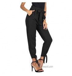 LIUMILAC Women Casual Cropped Pants Solid High Waist Dressy Pants with Pockets Bow-Knot