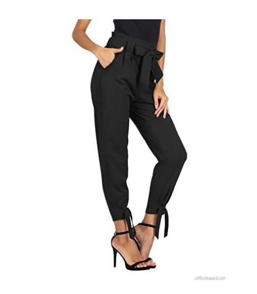 LIUMILAC Women Casual Cropped Pants Solid High Waist Dressy Pants with Pockets Bow-Knot