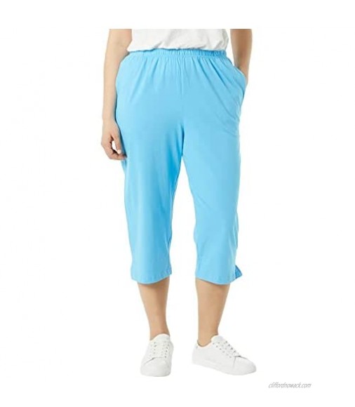 AmeriMark Women’s Knit Capris – 100% Cotton Pants with Stretch Elastic Waist Blue Surf 1X