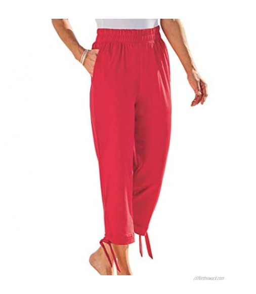 AmeriMark Women's Side-Tie Pants – 100% Cotton Capris with Stretch Elastic Waist