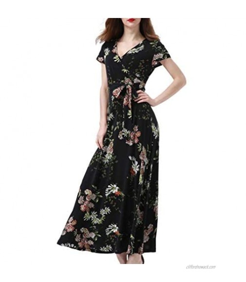 Aphratti Women's Bohemian Casual Short Sleeve V Neck Faux Wrap Floral Maxi Dress