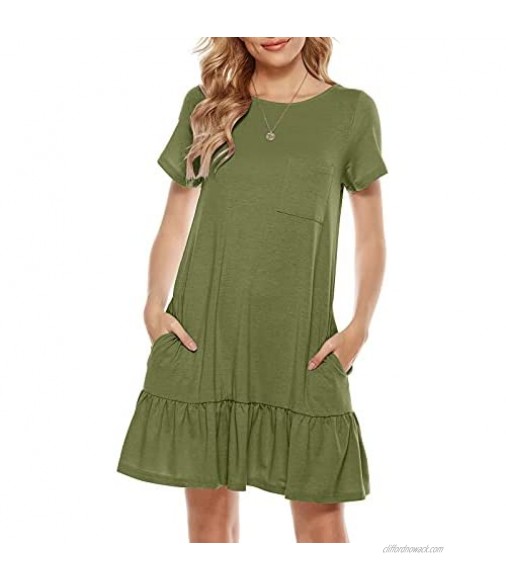 Berydress Women's Summer Casual T Shirt Dress with Pockets Short Sleeve Crew Neck Ruffle Hem Cotton Tunic Tops Loose Dress