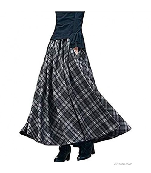 BININBOX Women's Thick Vintage Plaid Pleated Skirt Autumn Winter Long Skirts