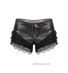 Doomiva Women Lace Patchwork Wetlook PU Leather Shorts Low Waist Fashion Button Hot Pants Clubwear