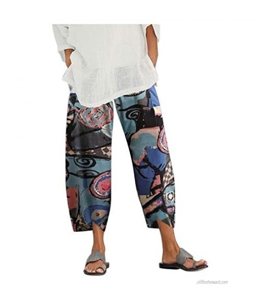 JIEXIJIA Summer Harem Sweatpants for Women Boho Cotton Linen Capri Pants with Pocket Baggy Length Pants Wide Leg Pants