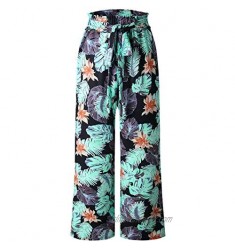 Locachy Women's Comfy Casual Floral Print Belted High Waist Wide Leg Beach Pants with Pockets