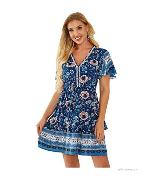 Milumia Women's Vintage Print Butterfly Sleeve V Neck Tie Waist Flared Party Dress