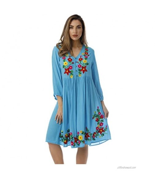 Riviera Sun Floral Embroidered 3/4 Sleeve Button Front Empire Waist Dress