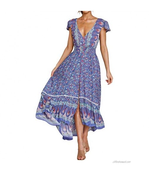 R.Vivimos Womens Summer Short Sleeve V Neck Backless Cotton Floral Flowy Dress