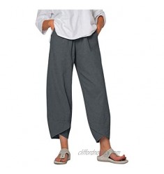 Summer Pants for Women Capri Pants Casual Cotton Linen Wide Leg Drawstring Elastic Waist Light Crop Pants with Pockets