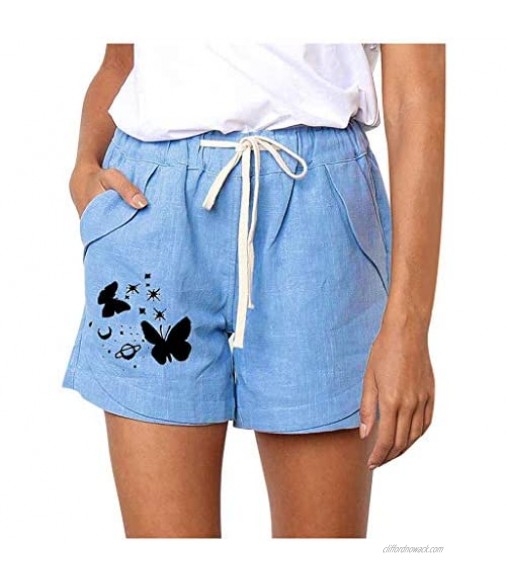 UOFOCO Womens Casual Drawstring Elastic Waist Butterfly Printed Comfy Cotton Linen Shorts with Pockets