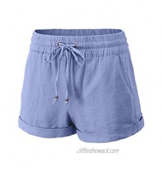urbandaizy 10732 Women's Casual Elastic Waist Striped Summer Beach Shorts with Pockets Blue Stone L