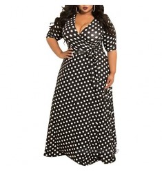VERWIN Plus Size Dress for Women Loose Polka Dot Women's Dress V Neck Vintage Maxi Dress