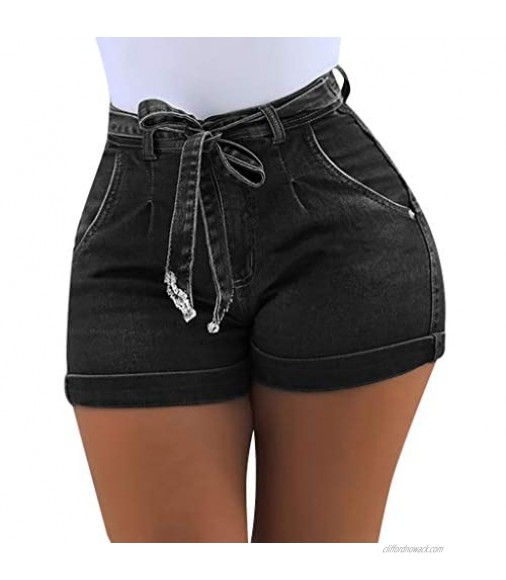 FONMA Women's Denim Paper Bag Waist Jersey Walking Shorts Jeans with Waist Tie Pockets