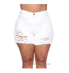 High Waisted Jean Shorts for Women Distressed Stretchy Denim Shorts Casual Short Jeans Ripped Hole Denim Short Jeans (Large White)