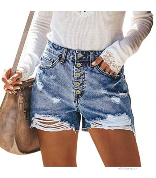 JPOQW Distressed Jean Shorts for Women Summer Button Down Denim Fray Hem Short Jeans with Pocket