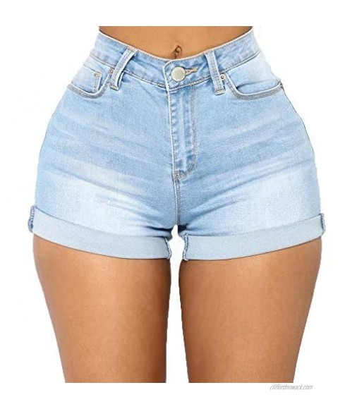 PANJIA Women's Juniors Body Enhancing Denim Shorts High Waist Denim Hem Ripped Shorts with Pockets