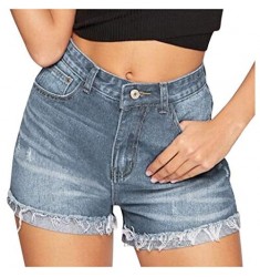 Wallity Jean Shorts for Women High Waisted Distressed Ripped Denim Shorts with Pockets #21-Light Blue Small