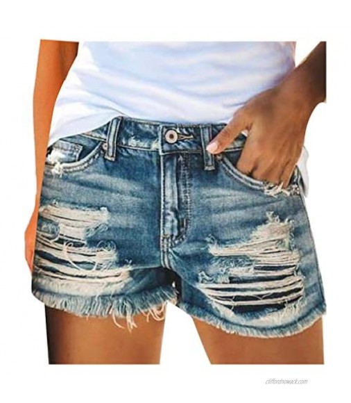 Women High Waisted Hole Pocket Short Jean Summer Button Ripped Frayed Distressed Casual Denim Shorts Women Hot Pants