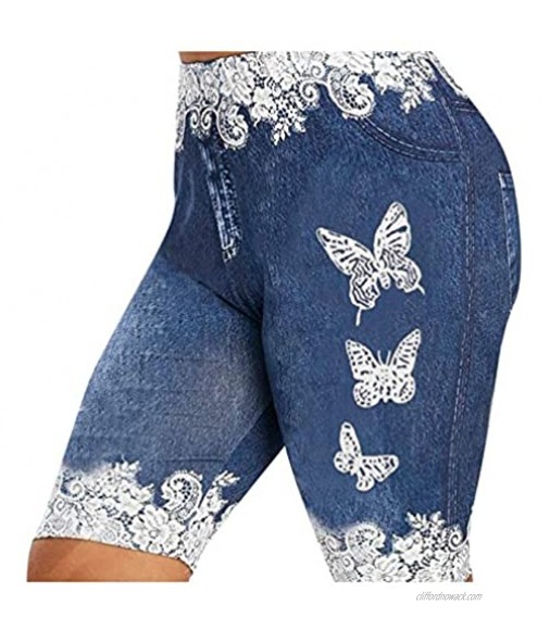 Women's Faux Denim Jean Shorts Skinny Butterfly Print Casual Jeggings Shorts