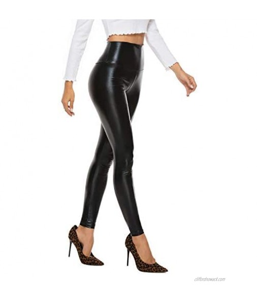 CROSS1946 Womens High Waist Faux Leather Leggings Skinny PU Elastic Shaping Hip Butt Lift Bodycon Pants Trousers