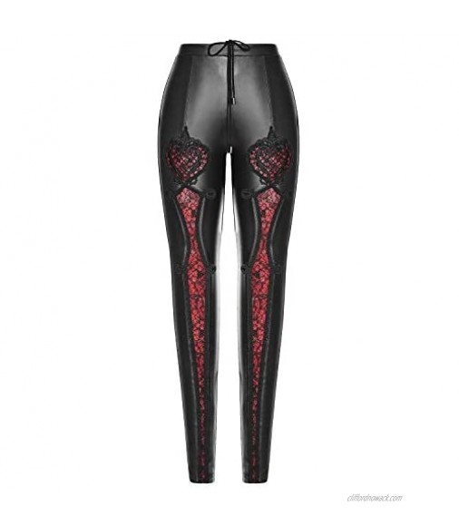 Punk Rave Women’s High Waist Gothic Faux Leather Leggings Steampunk Lace Floral Patchwork Drawstring Trousers Pants