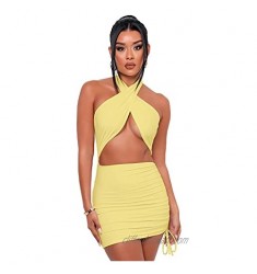 Dresses for Women Sexy Club Halter Criss Cross Hollow Out Ruched Bodycon Dress
