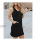 Eurivicy Womens Summer Casual Crew Neck Basic Tank Bodycon Dress Button Sleeveless Solid Color Mini Dress with Pockets