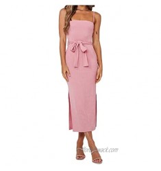 Exlura Womens Spaghetti Strap Bodycon Midi Dress Side Slit Backless Waist Tie Ribbed Cami Dresses