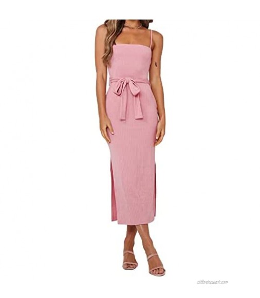 Exlura Womens Spaghetti Strap Bodycon Midi Dress Side Slit Backless Waist Tie Ribbed Cami Dresses