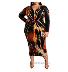 IyMoo Women Sexy Plus Size Dress - Club Outfits Floral Print V Neck Long Sleeve Tie Dye Party Bodycon Dress