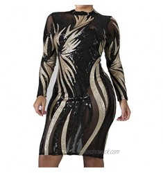 IyMoo Womens Sexy Plus Size Long Sleeve Sequins Mesh See Through Bodycon Party Club Mini Dress Clubwear