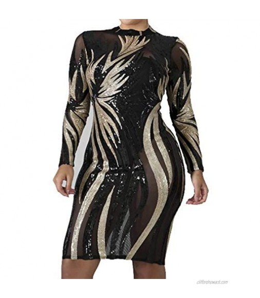 IyMoo Womens Sexy Plus Size Long Sleeve Sequins Mesh See Through Bodycon Party Club Mini Dress Clubwear