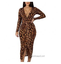 kaimimei Women's Sexy Deep V-Neck Long Sleeve Leopard Print Snake Fashion Slim Long Dresses