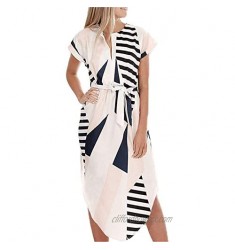 LitBud Womens Midi Dresses Summer V-Neck Short Sleeve Casual Office Geometric Belted Dress