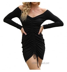 PRETTYGARDEN Women's Sexy Ruched Bodycon Dress Long Sleeve Deep V-Neck Off-Shoulder Mini Party Dresses