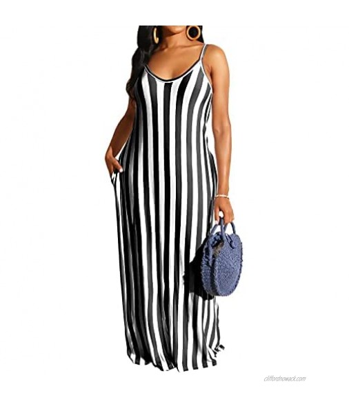 SeNight Womens Casual Maxi Dresses Summer Sexy Stripe Sleeveless Plus Size Loose Long Floor Length Sundress with Pocket