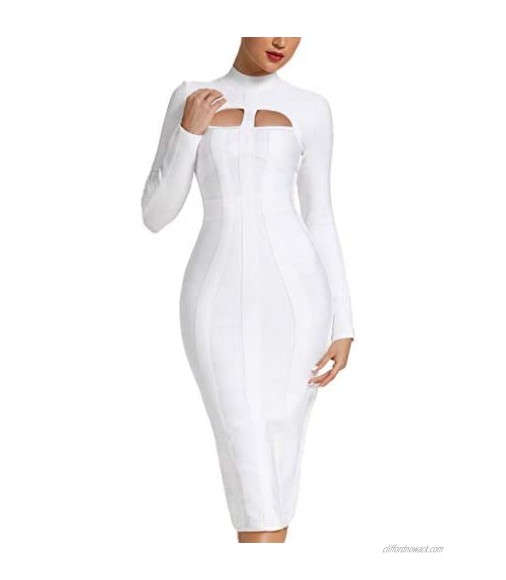 UONBOX Women's Sexy Cut Out Long Sleeves Midi Bodycon Party Bandage Dress