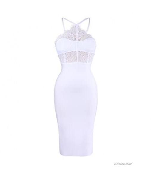 UONBOX Women's Sexy Lace Spliced Backless Spaghetti Strap Halter Cocktail Party Bandage Dress