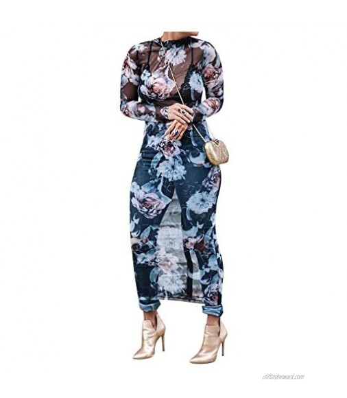 Womens Sexy See Through Dress Floral Woven Printed Net Yarn Translucent Bodycon Dresses