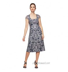 Alex Evenings Women's Petite Tea Length Dress with Rosette Detail-Close Out