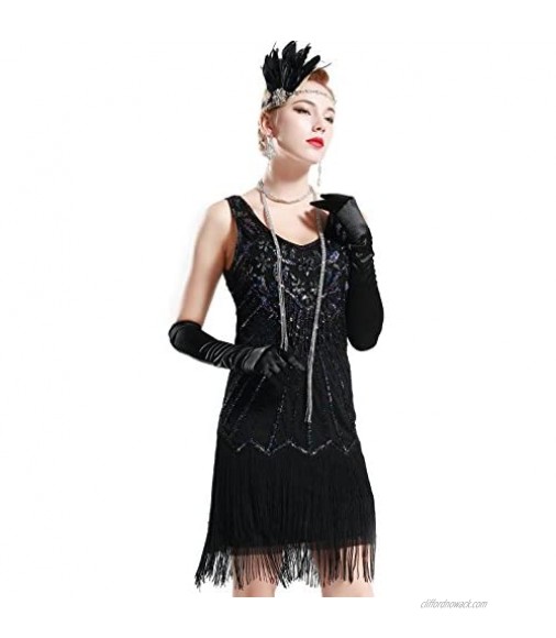 BABEYOND Women's Flapper Dresses 1920s V Neck Beaded Fringed Dress Great Gatsby Dress