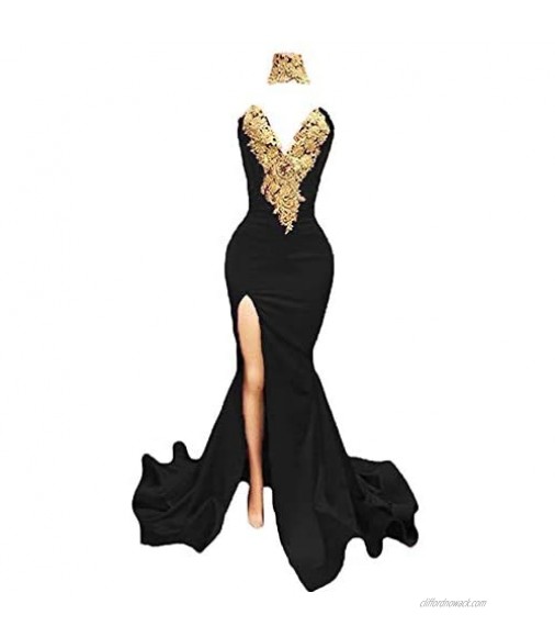 Fanciest Women's Gold Appliques Mermaid Prom Dresses Long Split Evening Gowns