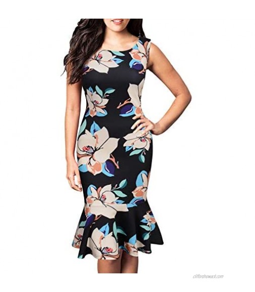 FORTRIC Women Sleeveless Fishtail Floral Summer Work Bodycon Party Causal Dress