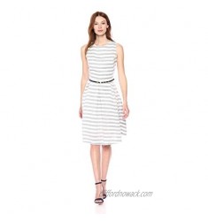 NINE WEST Women's Striped Fit and Flare Dress with Self Belt